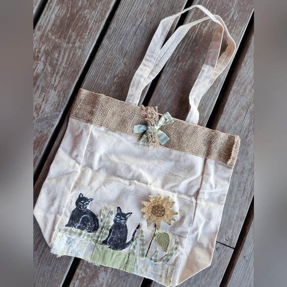 Canvas Tote Bag with Cat and Sunflower Design Farmers Market Reuseable Canvas - Picture 1 of 2